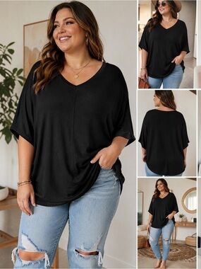 Ava & Viv X/1X Black V Neck Dolman Batwing Oversized Flowy Top Plus Size